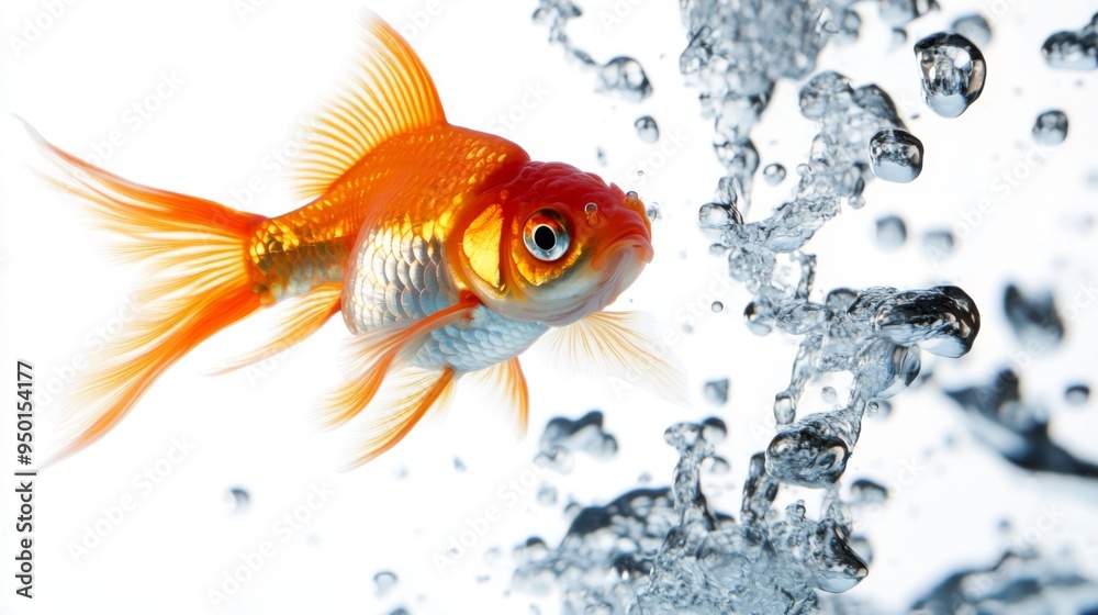 Poster a goldfish caught mid-swim, with bubbles rising around it, against a white background, creating a dy