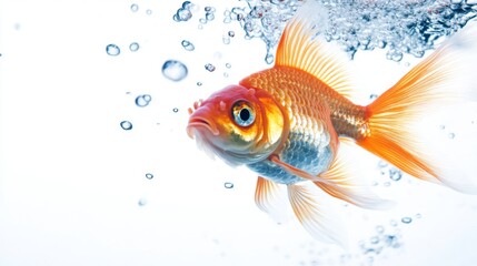 Fototapeta premium A goldfish caught mid-swim, with bubbles rising around it, against a white background, creating a dynamic and lively underwater scene with minimal distractions.