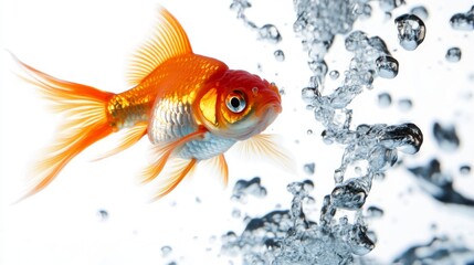 A goldfish caught mid-swim, with bubbles rising around it, against a white background, creating a dynamic and lively underwater scene with minimal distractions.