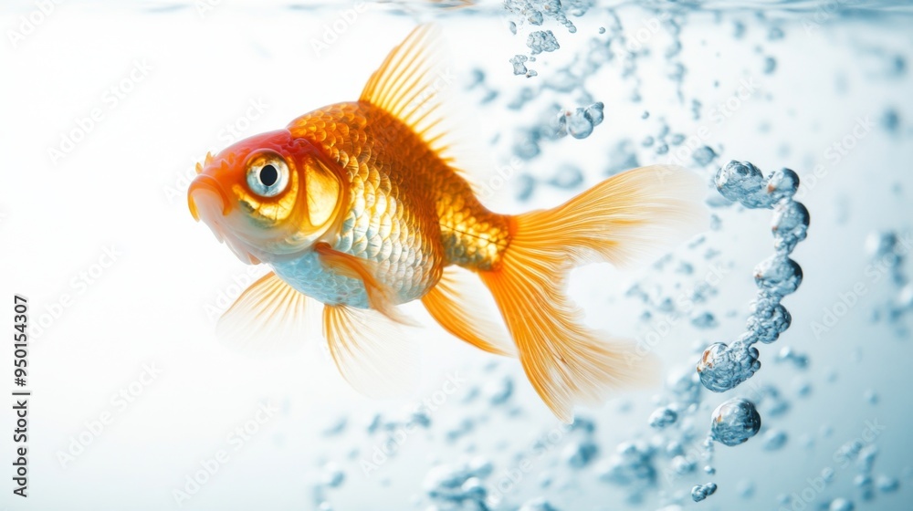 Poster a goldfish caught mid-swim, with bubbles rising around it, against a white background, creating a dy