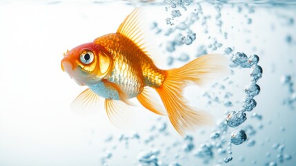 A goldfish caught mid-swim, with bubbles rising around it, against a white background, creating a dynamic and lively underwater scene with minimal distractions.