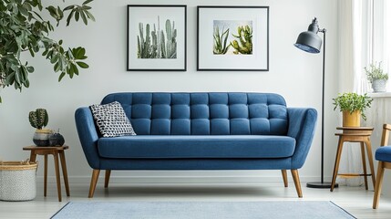 A Scandinavian-style living room with a blue mid-century sofa, surrounded by minimalist furniture and decor. The design emphasizes open space, natural materials, and a cozy, inviting atmosphere.