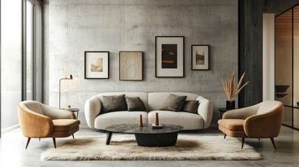 A stylish living room with a boucle sofa and two armchairs on a fur rug. The concrete wall features a selection of minimalist art frames, contributing to the room's sophisticated, modern aesthetic.