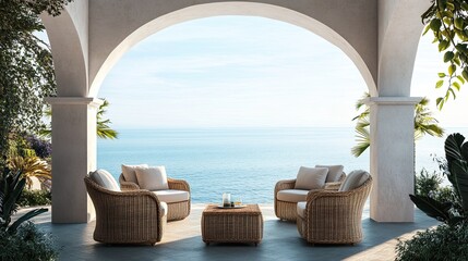 Obraz premium A stylish terrace with rattan chairs under an elegant archway, overlooking a sparkling sea. The serene summer backdrop provides a perfect escape, with the horizon stretching into the distance.