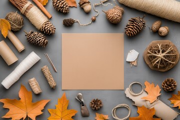 Handmade Thanksgiving Decorations: A crafting table with supplies like leaves, acorns, pinecones, and paper for making DIY Thanksgiving decorations. Finished crafts like garlands and place cards are d