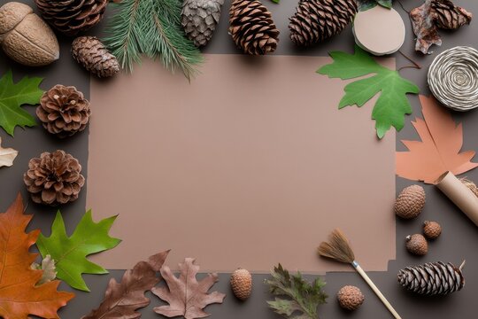 Handmade Thanksgiving Decorations: A crafting table with supplies like leaves, acorns, pinecones, and paper for making DIY Thanksgiving decorations. Finished crafts like garlands and place cards are d