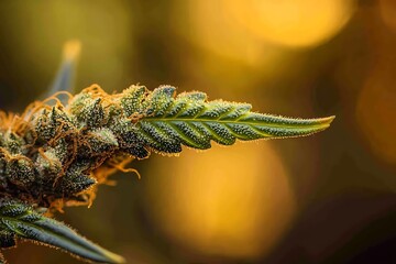 Naklejka premium Cannabis leaf covered in trichomes growing under sunset light