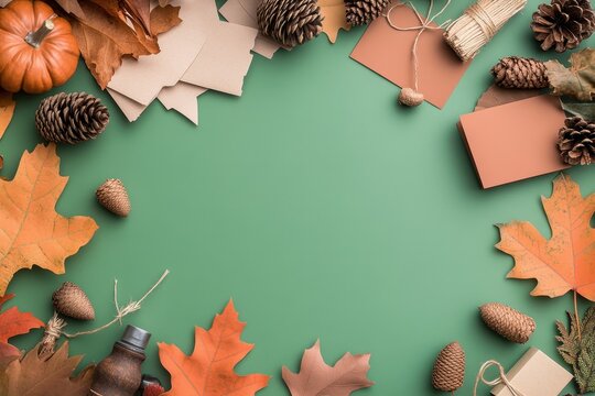 Handmade Thanksgiving Decorations: A crafting table with supplies like leaves, acorns, pinecones, and paper for making DIY Thanksgiving decorations. Finished crafts like garlands and place cards are d
