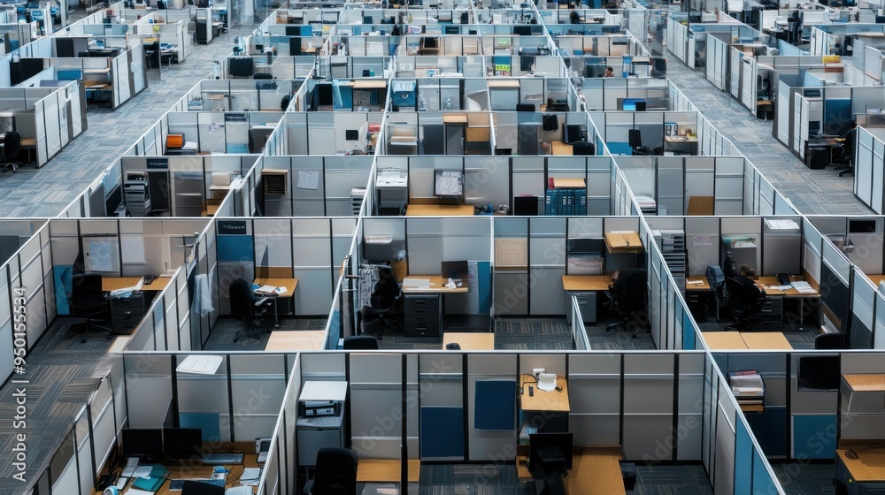 Poster a view of cubicles in a modern office space