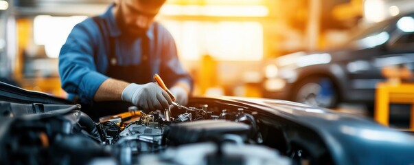 A skilled mechanic works on a car engine in a well-lit garage, using tools to perform maintenance and repairs on vehicles.