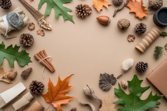 Handmade Thanksgiving Decorations: A crafting table with supplies like leaves, acorns, pinecones, and paper for making DIY Thanksgiving decorations. Finished crafts like garlands and place cards are d