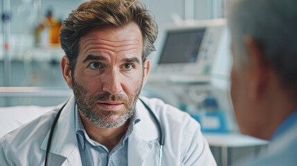 Fototapeta premium Compassionate Doctor Discussing Treatment with Elderly Patient in Hospital Setting