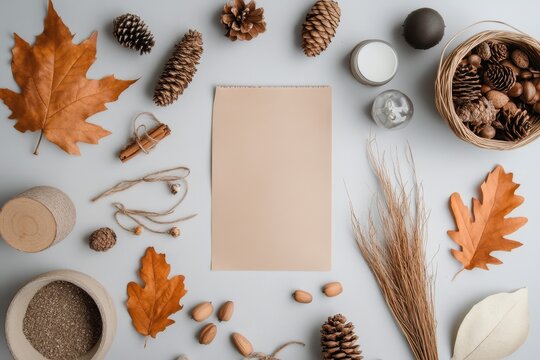Handmade Thanksgiving Decorations: A crafting table with supplies like leaves, acorns, pinecones, and paper for making DIY Thanksgiving decorations. Finished crafts like garlands and place cards are d