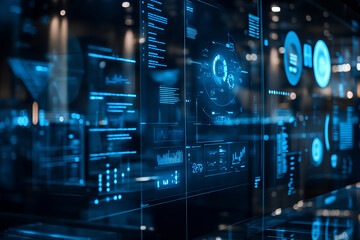 Fototapeta premium Digital data visualization of advanced technology, featuring futuristic holographic displays and charts on glass surfaces with dark blue lighting.