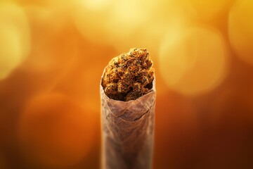 Cannabis joint standing upright with orange bokeh background