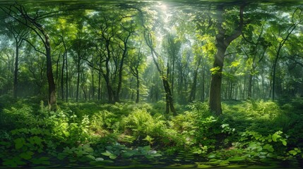 Fototapeta premium Stunning panoramic view of a lush and vibrant forest landscape filled with a dense canopy of flourishing green trees vibrant foliage