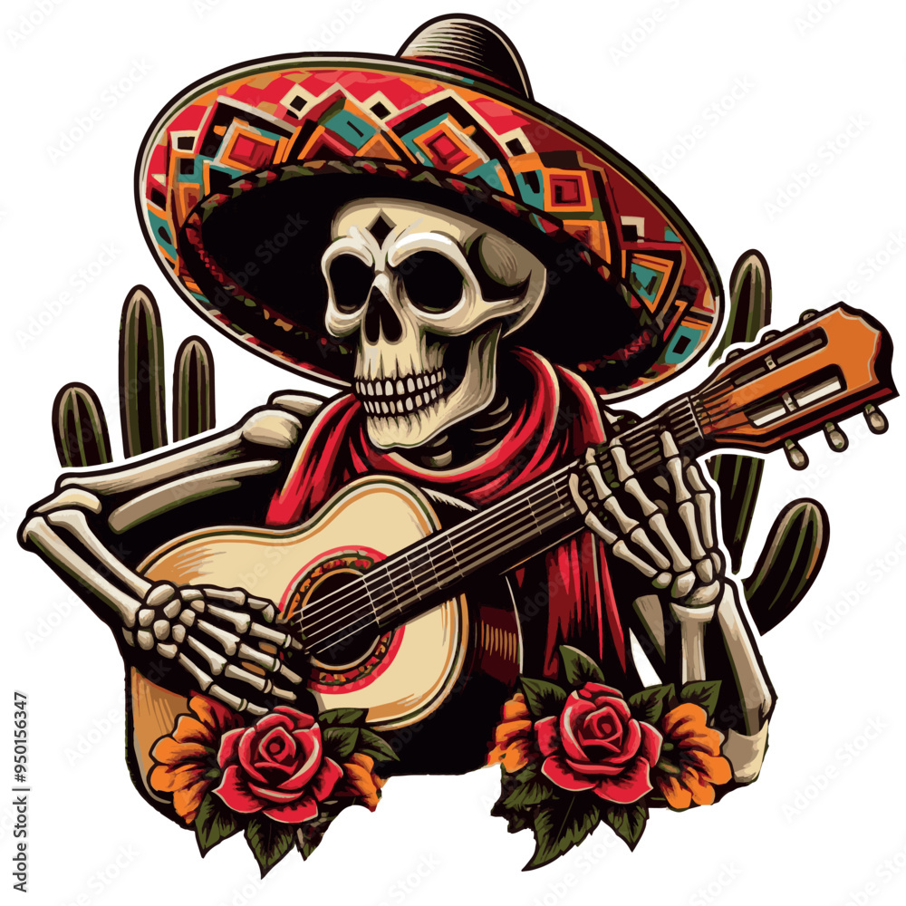 Wall mural Vector tshirt design a skeleton wearing a sombrero playing a guitar