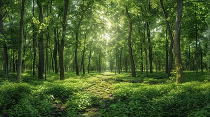 Obraz premium Lush and Verdant Forest Panorama With Winding Path and Abundant Greenery Inviting and Tranquility in a Serene Natural Setting