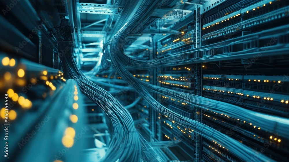Poster server racks with network cables and lights
