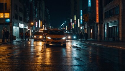 City streets alive with night traffic, lights reflecting off the pavement.