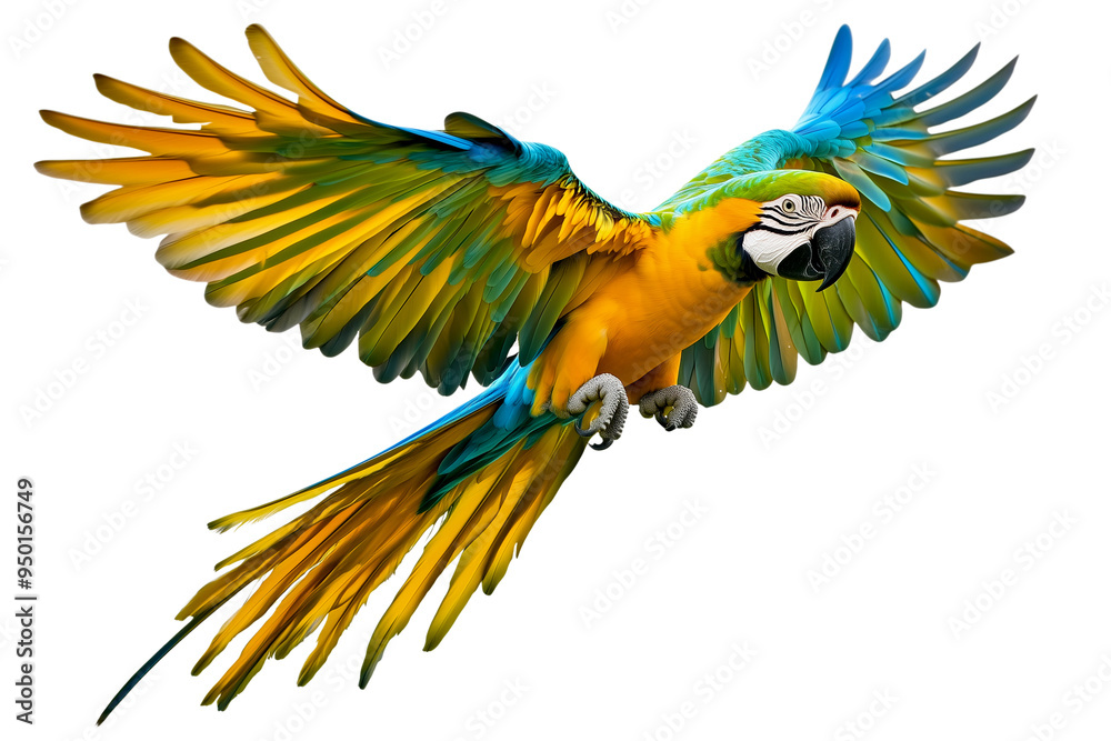 Wall mural A vibrant macaw parrot in flight with detailed feathers and wide wings, showcasing striking blue, green, and gold colors, realistic rendering, PNG format on transparent background