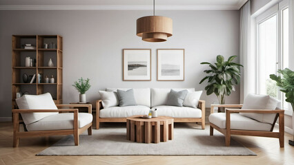 Cubic wooden coffee table between white sofa and armchairs. Scandinavian style home interior design of modern living room. 