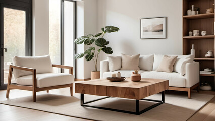 Cubic wooden coffee table between white sofa and armchairs. Scandinavian style home interior design of modern living room. 