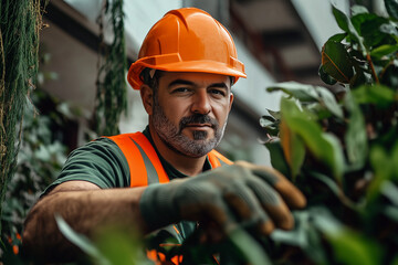 Landscaping worker wearing an orange safety vest and an orange helmet, close up, planting plants