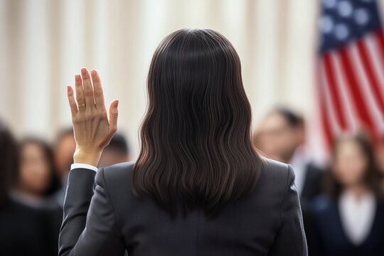 US election, female candidate swearing and taking the  the oath of office as first woman president of the US, elected woman in congress - imagined by AI generative - not the actual event