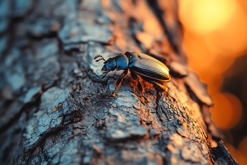 Black beetle crawling on tree trunk at sunset