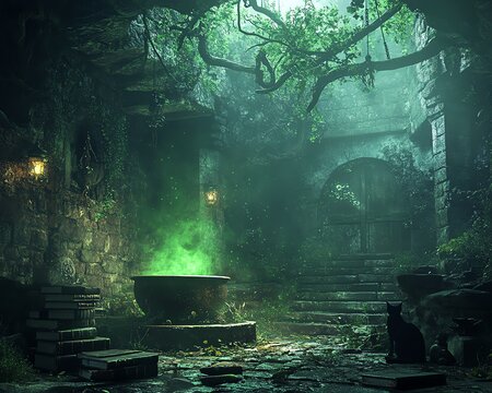 Witchs lair in a dense forest
