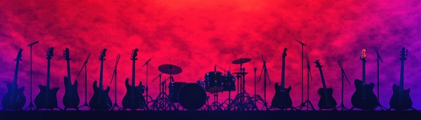 Vibrant stage setup with guitars and drum kit, perfect for music enthusiasts and concert promotions.