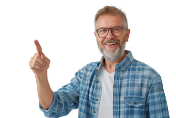 Handsome middle age man standing on transparent background with a big smile on face, pointing with hand finger to the side looking at the camera. 