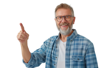Handsome middle age man standing on transparent background with a big smile on face, pointing with hand finger to the side looking at the camera. 