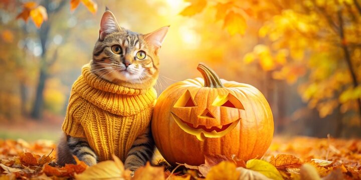 A cute cat in a yellow sweater sits next to a carved pumpkin in an autumn park, surrounded by fallen leaves. Concept of Halloween and autumn with copy space