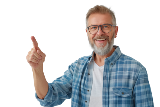 Handsome middle age man standing on transparent background with a big smile on face, pointing with hand finger to the side looking at the camera. 