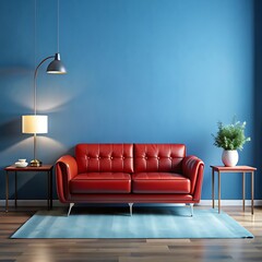 Obraz premium A red couch with a red cover and a lamp on the floor