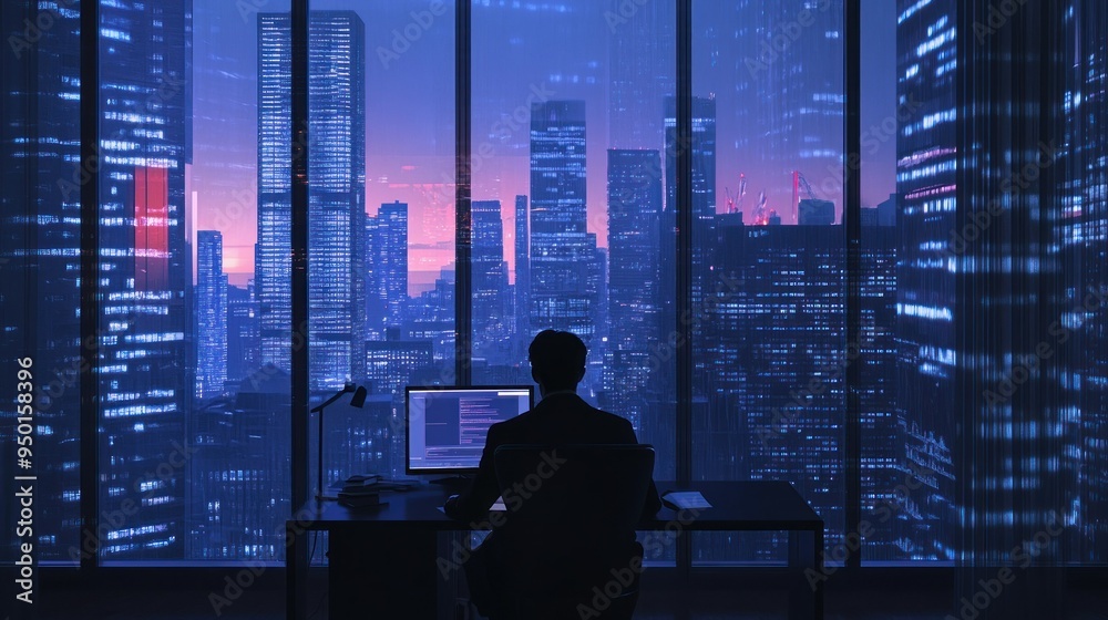 Poster a silhouette of a person working at a desk with a city view at night