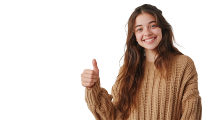 Excited young woman showing banner, pointing fingers left and smiling at camera, standing amazed on transparent