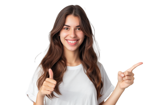 Excited young woman showing banner, pointing fingers left and smiling at camera, standing amazed on transparent