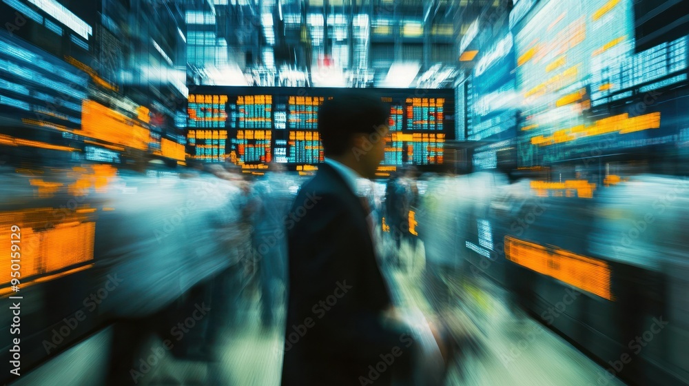 Poster blurred motion of people in a stock exchange with digital displays