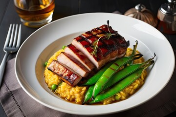 Savory Grilled Pork Belly with Saffron Risotto and Sweet Caramelized Snap Peas