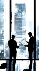 Silhouetted Business Leaders Reviewing Documents in a Modern High Rise Office
