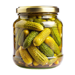 A glass jar filled with pickled cucumbers is isolated on a white background. The jar has a gold lid and the pickles are arranged in a cluster, partially visible through the glass