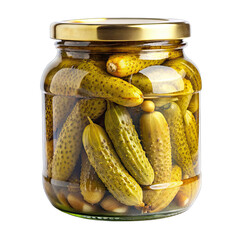 A glass jar filled with green pickles, with a gold lid, is isolated on a white background