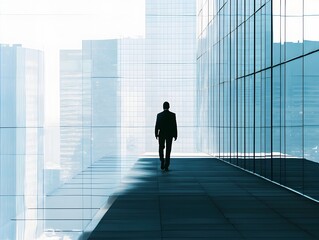 Fototapeta premium Silhouetted Executive Against Geometric Urban Backdrop in Tilt Shift Capture