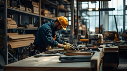 Carpenter Working with Wood in a Workshop