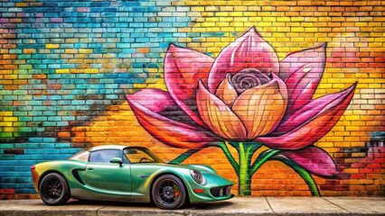 A vibrant graffiti mural adorns a brick wall, a retro Lotus 7 sports car bursting with colorful lines and curves in a striking single-line drawing.