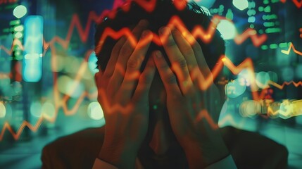 Trader s Hands Covering Face with Downward Arrows Projected on Walls Symbolizing Economic Decline and Trading Despair