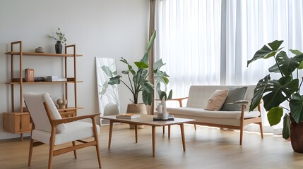 A Scandinavian-style living room with a modern aesthetic, a white sofa with a few cushions, a coffee table made of wood and a large plant. a wooden shelf with a few decorative items.